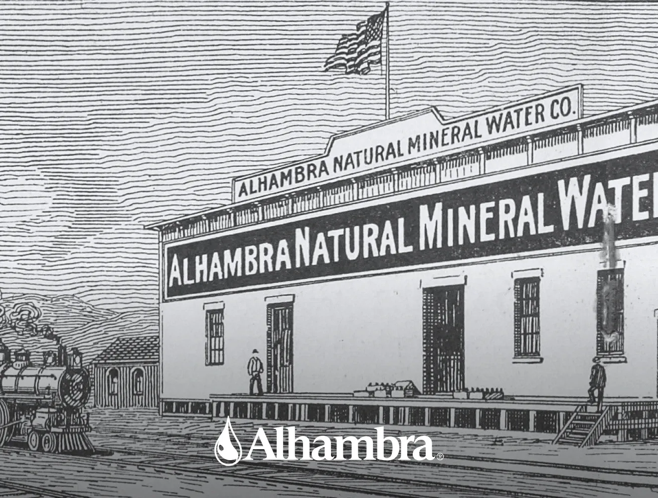 Drawing of Alhambra Natural Mineral Water Co. building with Alhambra logo