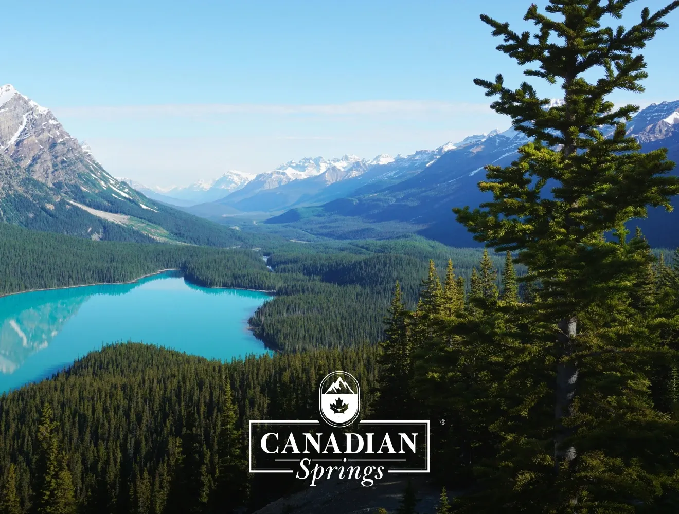 Lake with turquoise waters and mountains with Canadian Springs logo