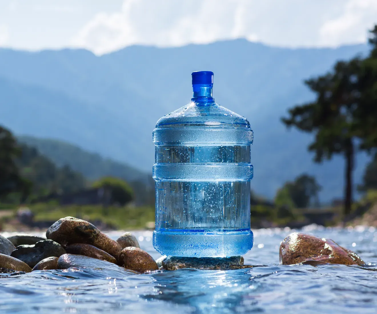 Alhambra watre bottle by a creek