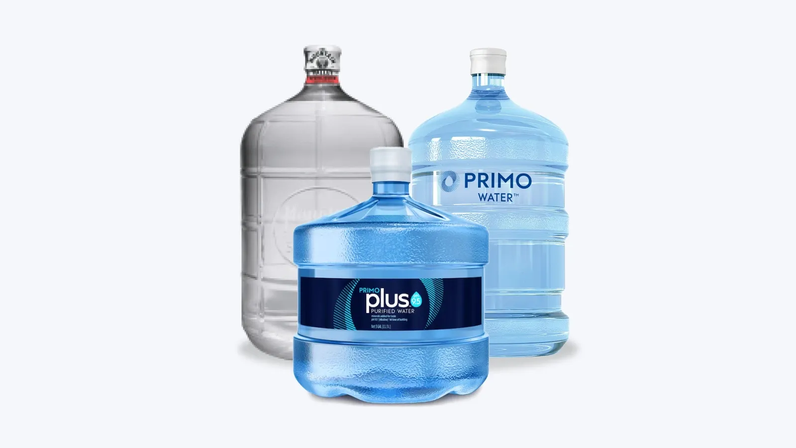 3- and 5-gallon Primo Water bottles in plastic and glass